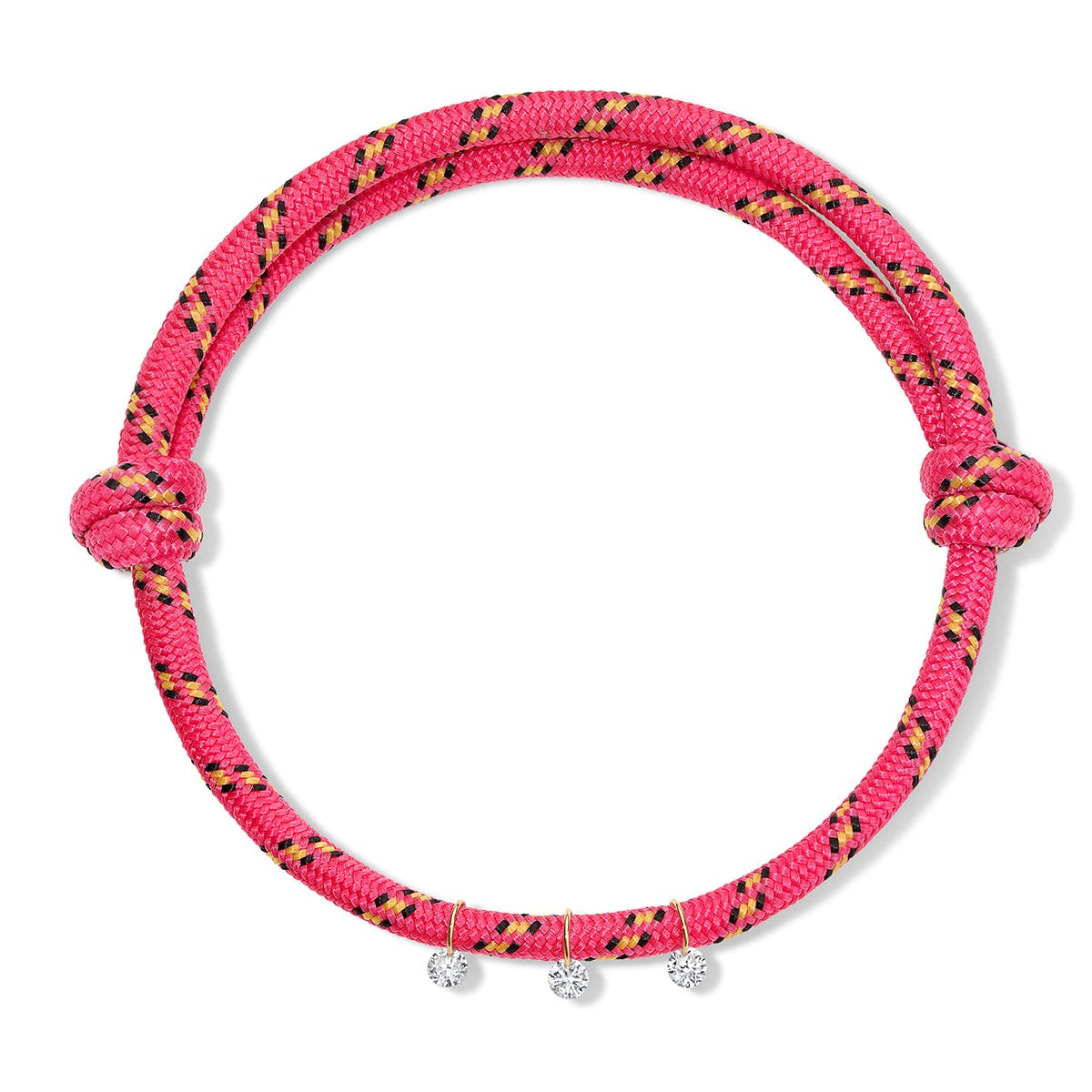 Hot pink paracord anklet with diamond charms on white background