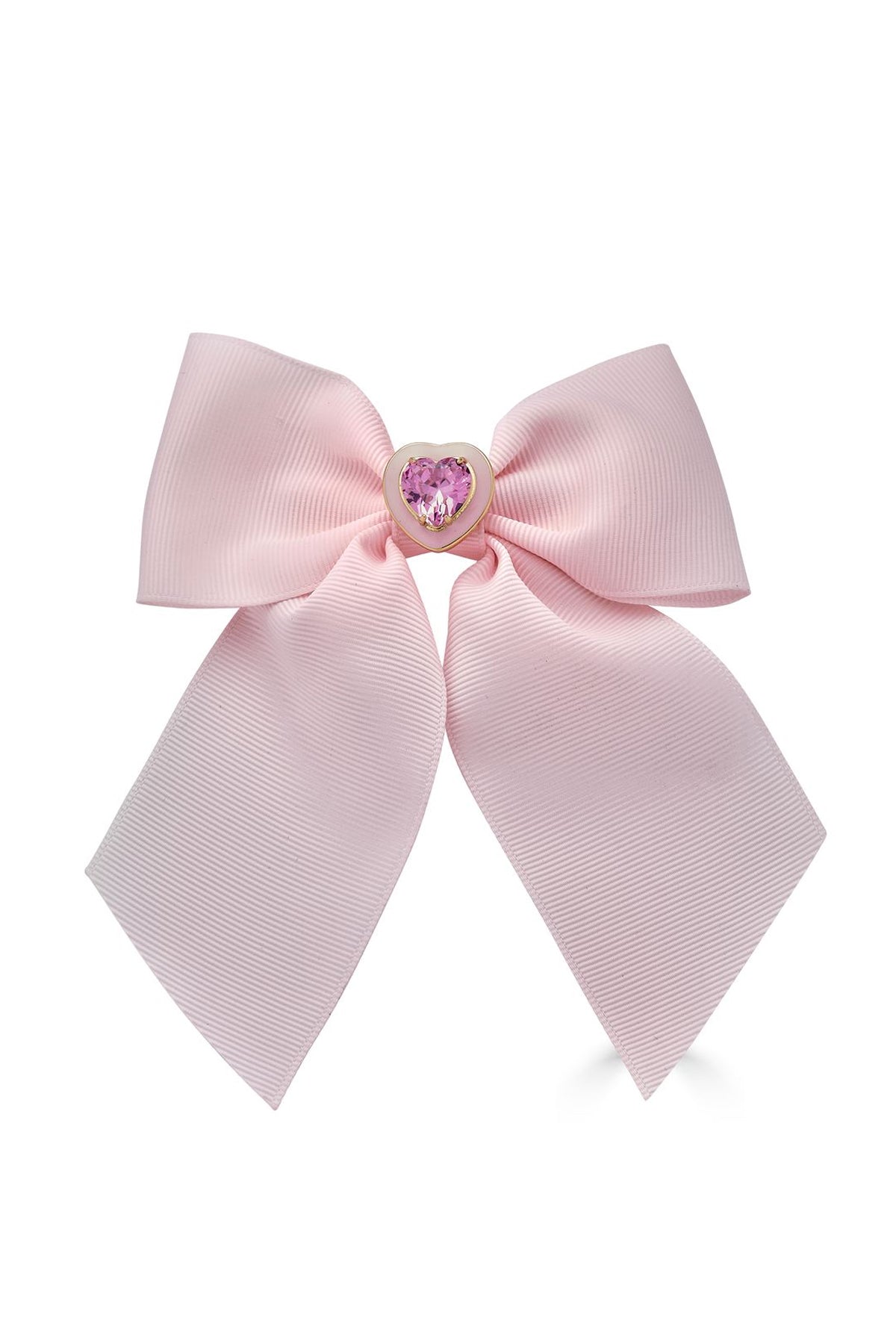 A pink cocktail hair bow with a crystal heart center and black grosgrain ribbon.