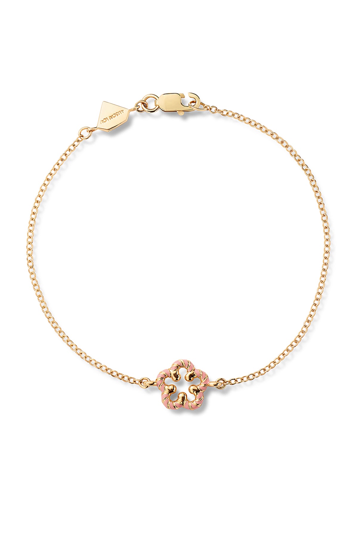 Gold chain bracelet with peach floral motif in center on white background