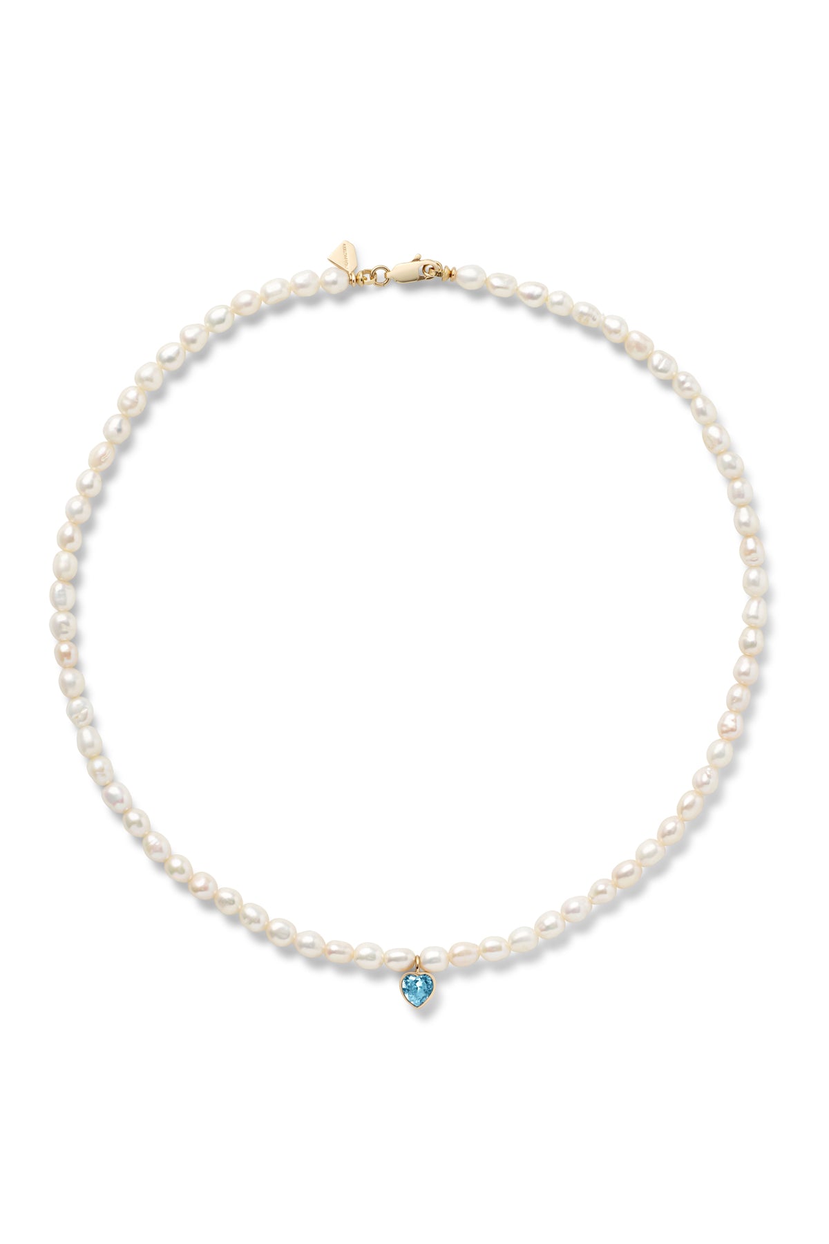 Pearl beaded necklace with a blue topaz heart shaped stone against a white background
