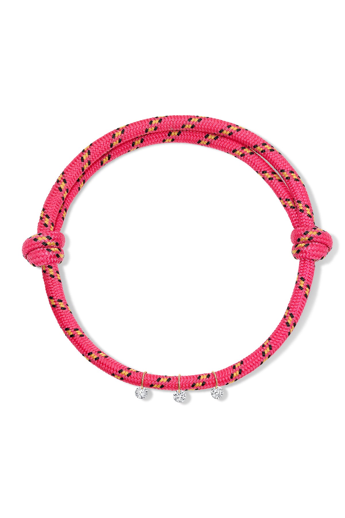 Hot pink paracord anklet with diamond charms on white background