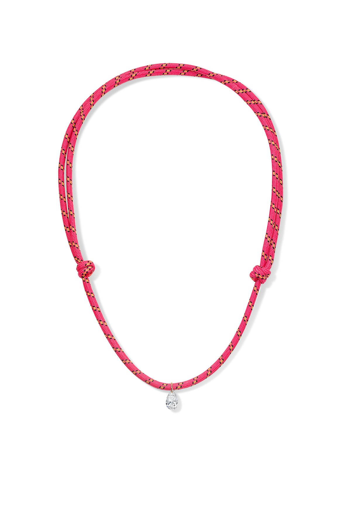 Pink paracord necklace with a white diamond charm on a white background