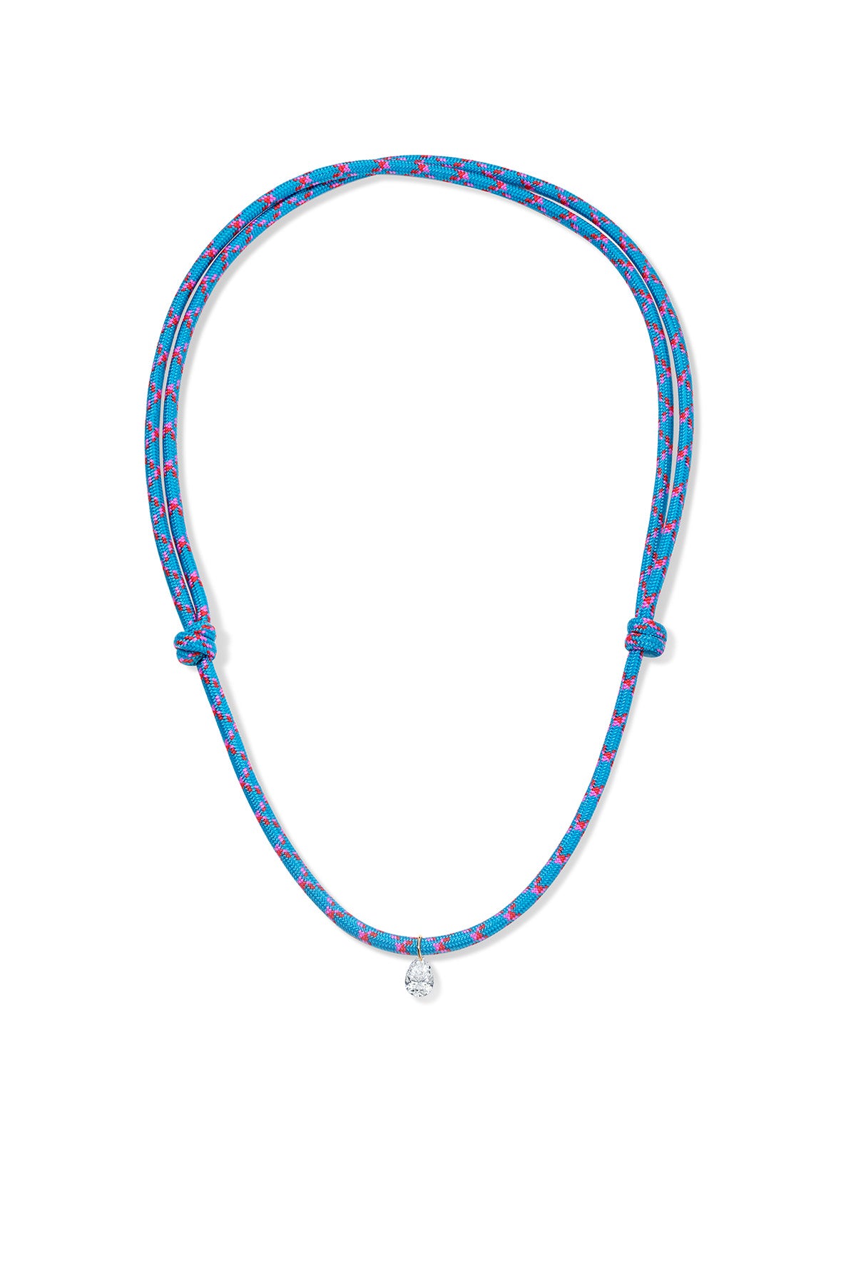 Blue paracord necklace with a white diamond charm on a white background