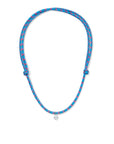 Blue paracord necklace with a white diamond charm on a white background