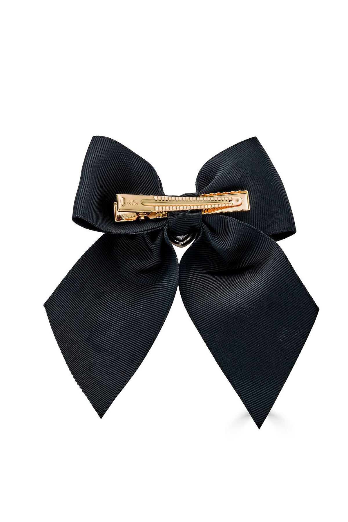 Black bow hair clip with gold barrette on a white background