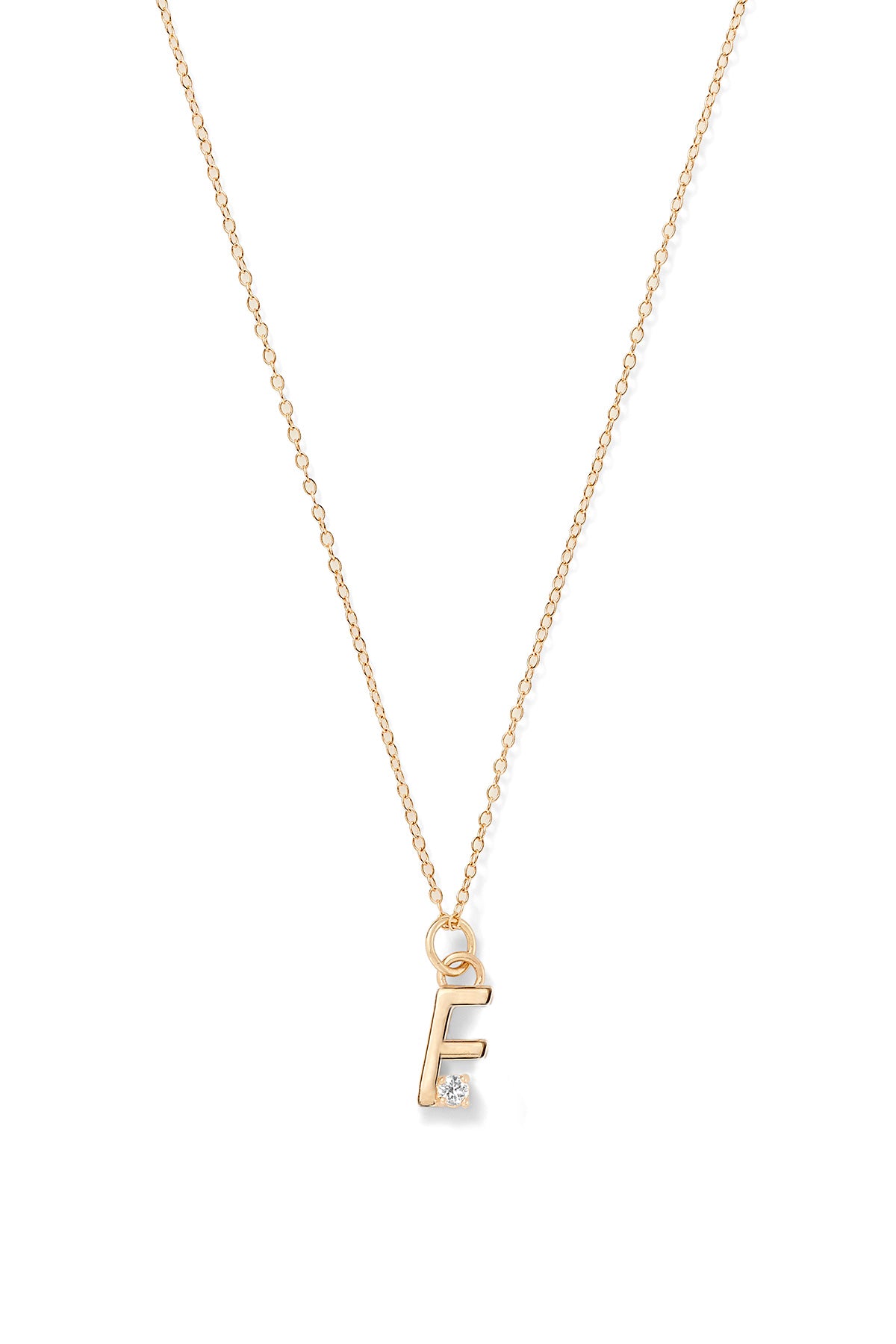 Gold necklace with a letter 'F' pendant on a white background