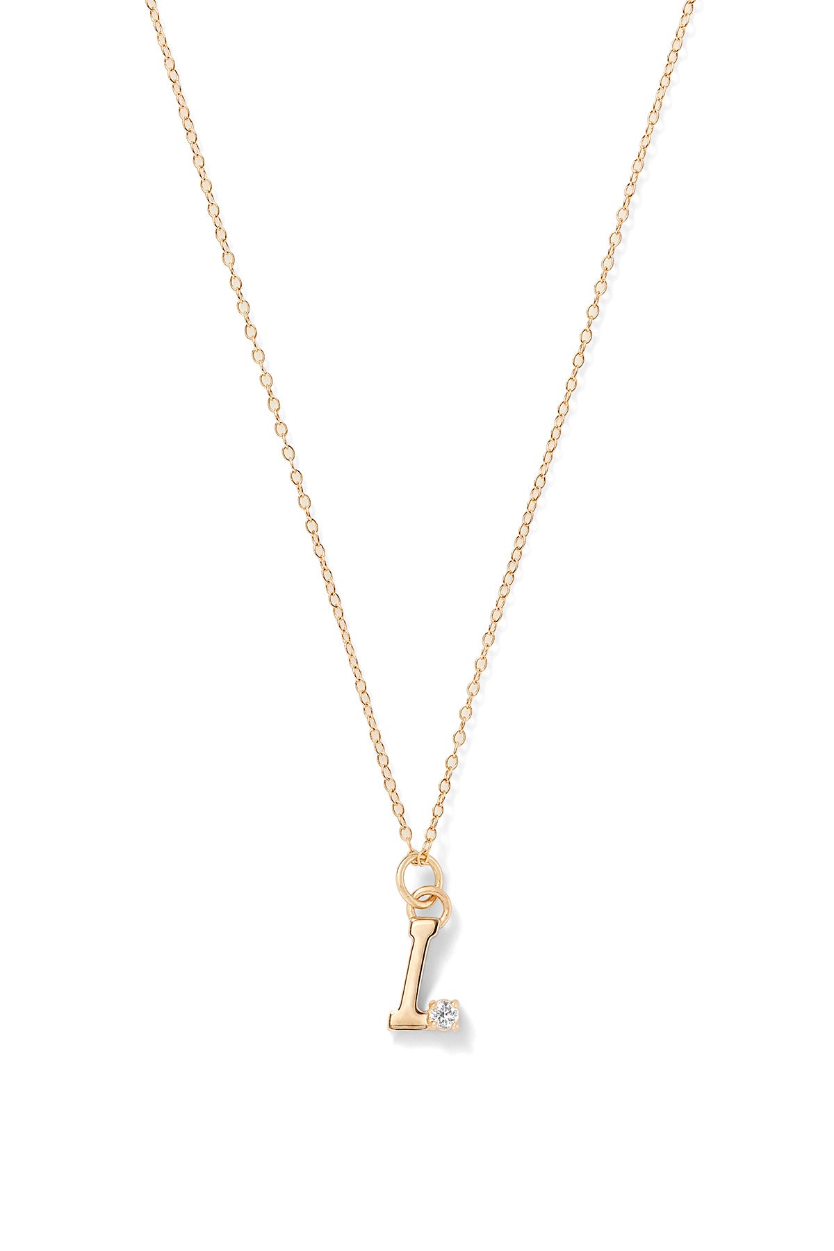 Gold chain necklace with the letter "i" featuring a lab grown diamond against a white background
