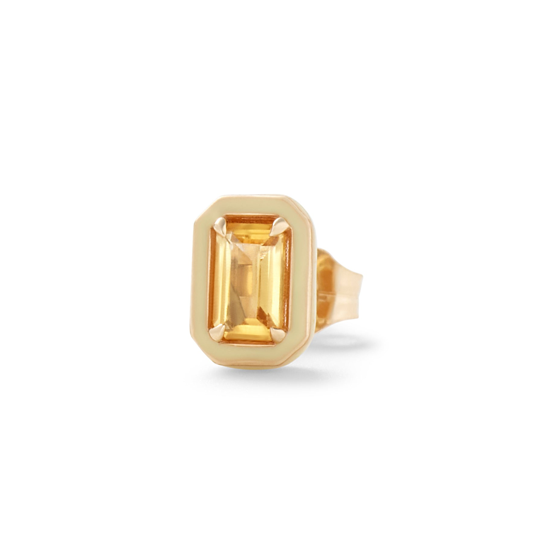 Yellow Citrine | A single rectangular cocktail stud earring with a yellow gemstone and gold metal border on a white background.